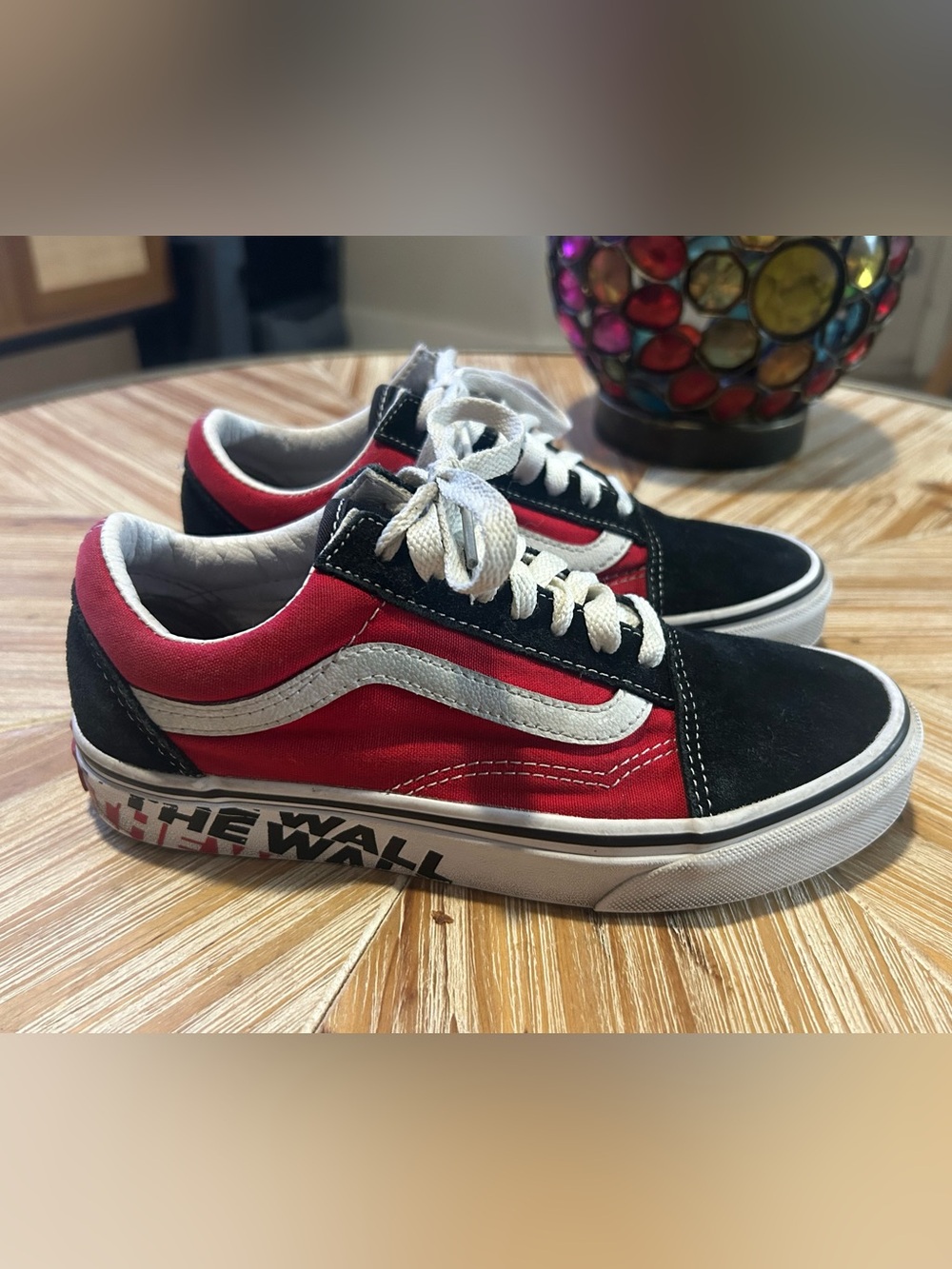 Vans Kids Red and Black Low-Top Skate Sneakers with White Stripe